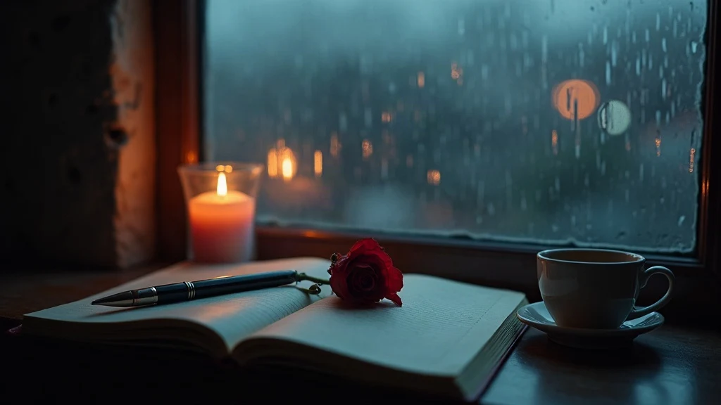 Sad love shayari moody night scene with candle, rose, and notebook by rainy window