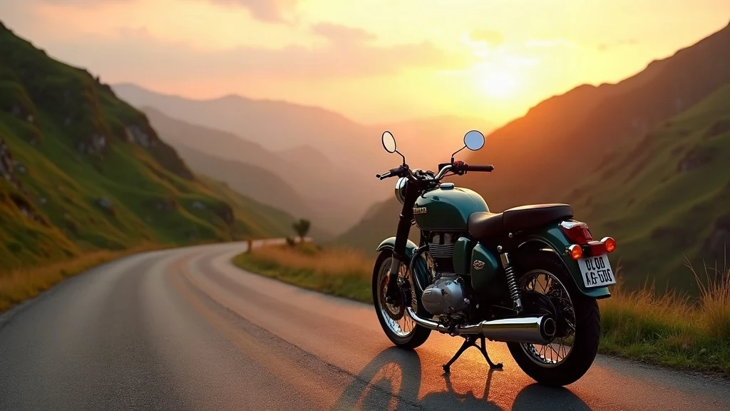 Royal Enfield Classic 650 motorcycle on mountain road at sunset
