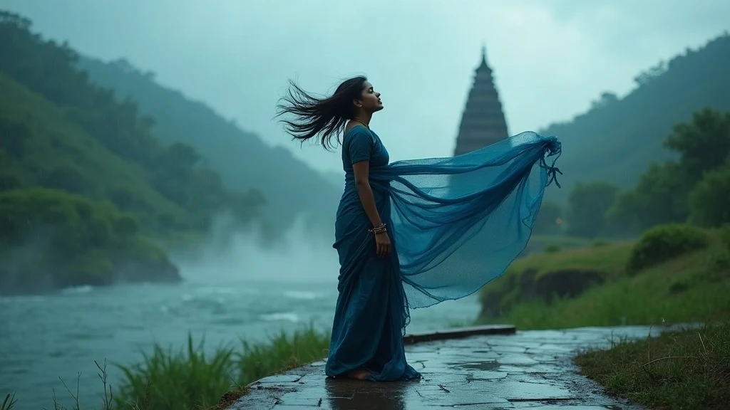 neelothi song lyrics featured image of a woman in blue saree by a monsoon river