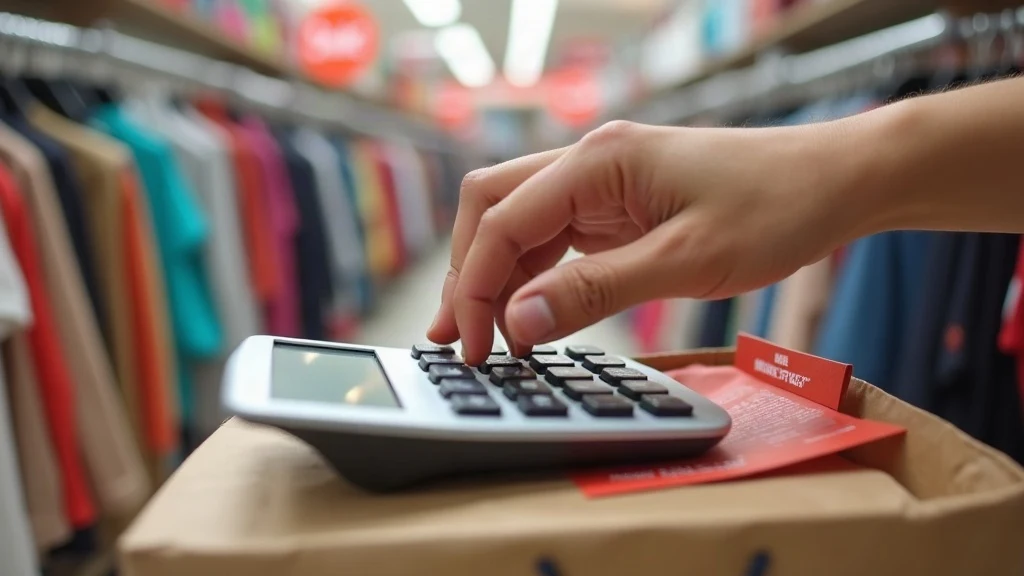 Calculating percent off with a calculator and shopping bag