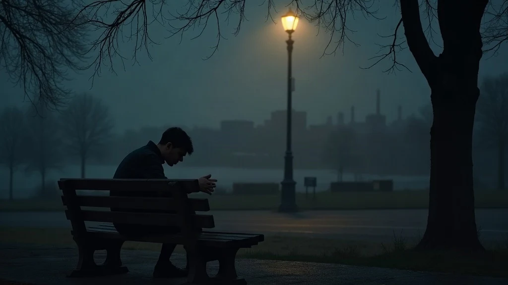 Sad shayari scene of a lonely person on a bench in a misty park at dusk