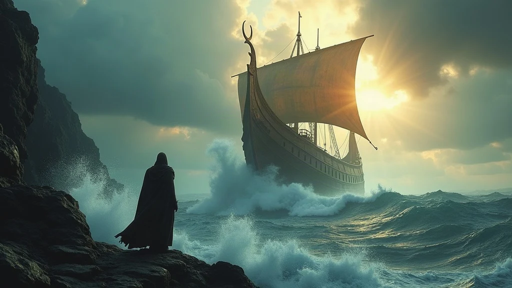 Epic ancient Greek trireme in stormy sea under dramatic light, The Odyssey movie blog featured image