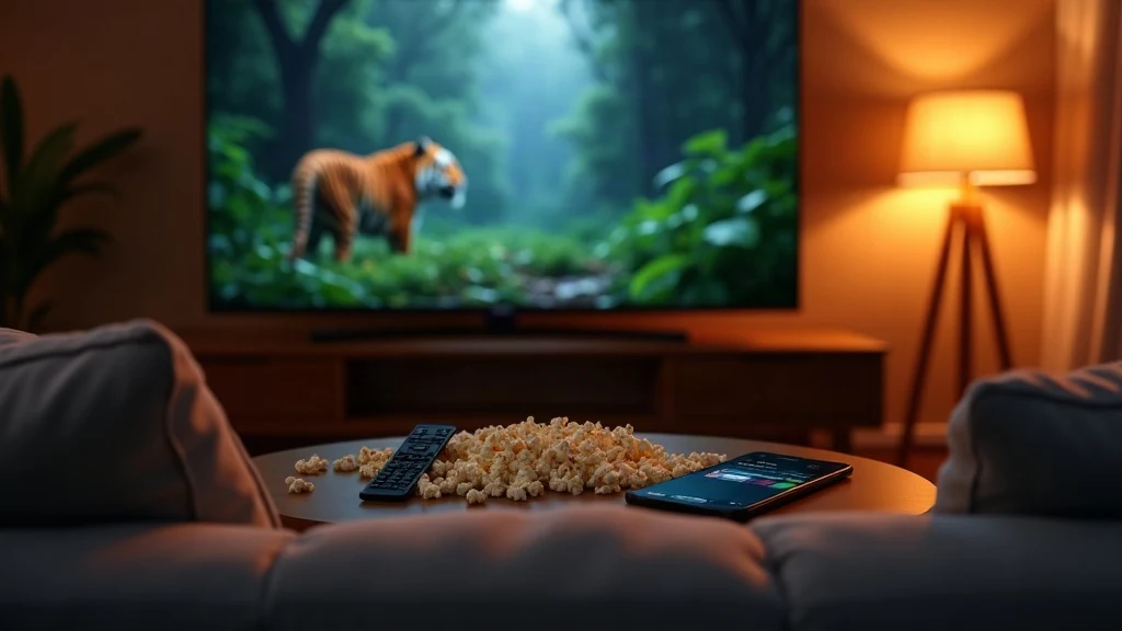 Cozy living room with TV showing jungle movie scene, popcorn and remote on table, suggesting best OTT releases this week